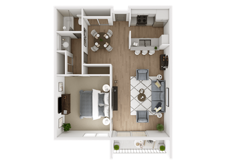 A top-down view of a small apartment with a living room, kitchen, and bathroom.